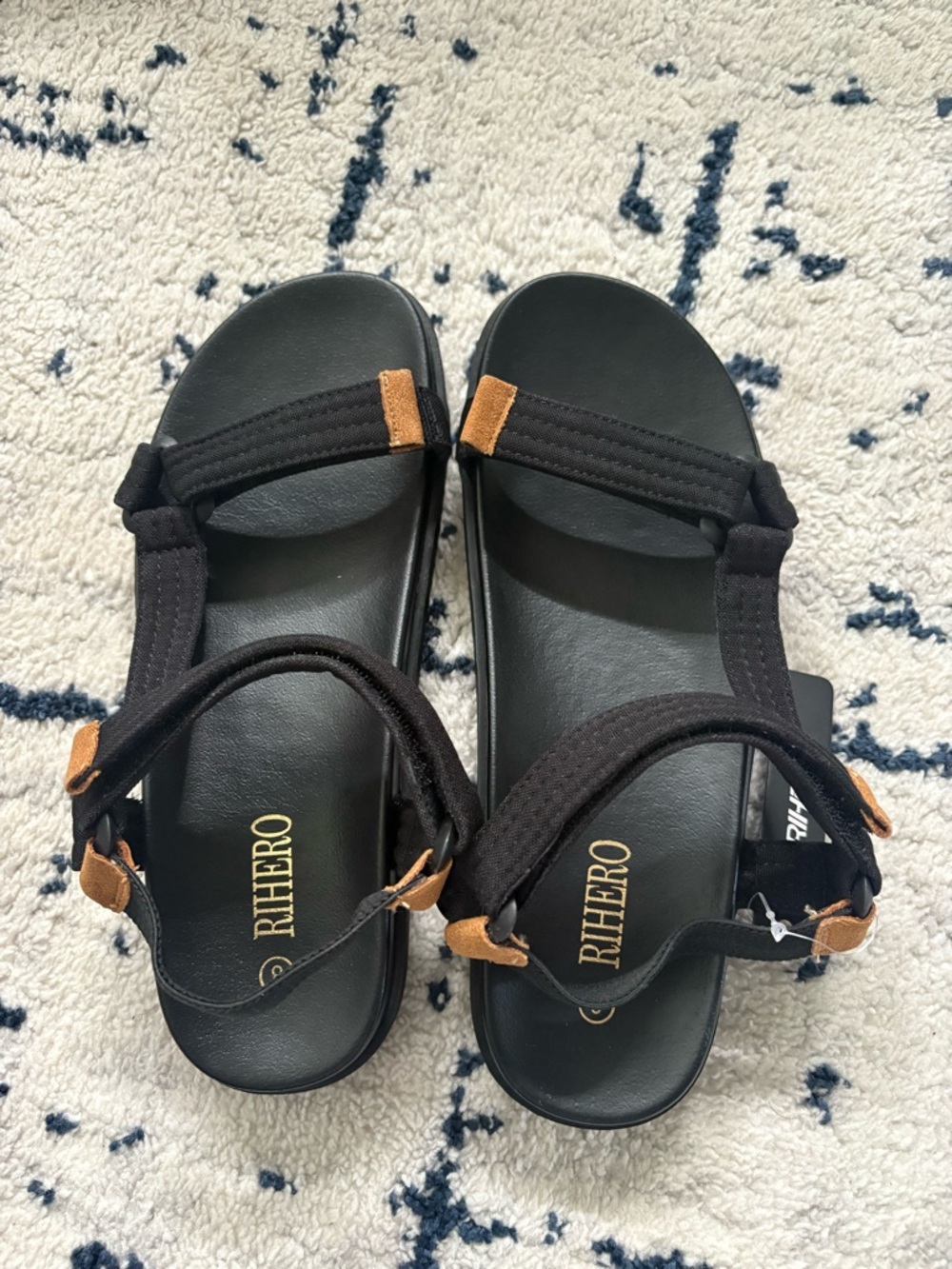 RHIHERO Black Sporty Strap Sandals with Brown Accents